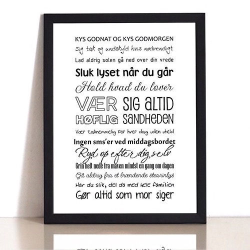 Plakat "Vores hjem" - sort/hvid. 30x40 cm. i ramme