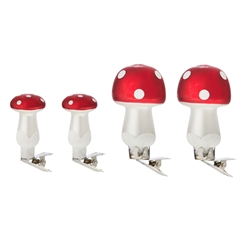 Bungalow julepynt med clips - Mushrooms, sæt af 4 stk - Rød