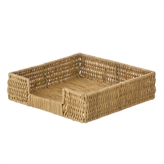 Kvadratisk bakke til servietter lavet i metal og Rattan.