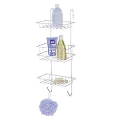 Shower caddy med kroge til at hænge over brusevæggen i brusekabinen.