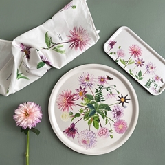 viskestykke med tryk af 8 forskellige Dahlia sorter.