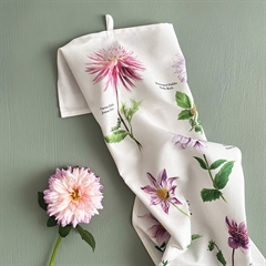 Økologisk viskestykke med illustration af forskellige Dahlia sorter.