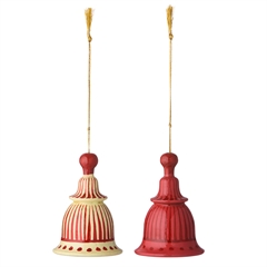 To håndmalede Bungalow papmache klokker i farverne Gaya Cerise og Ruby med fine guldsnore