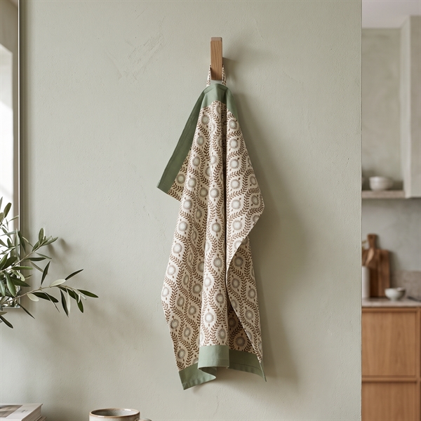 Bungalow Blokprintet Viskestykke - Lulu, Olive