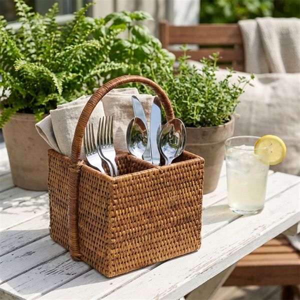 Charmille Firkantet Bestikholder med 4 rum i Rattan. Honey