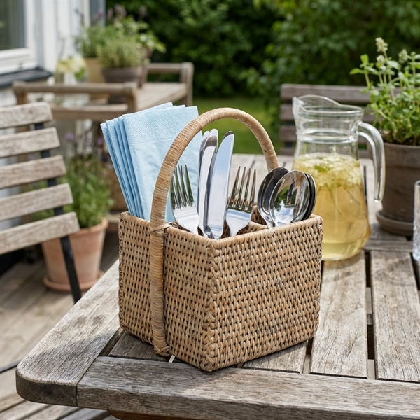 Charmille Firkantet Bestikholder med 4 rum i Rattan. Hvid