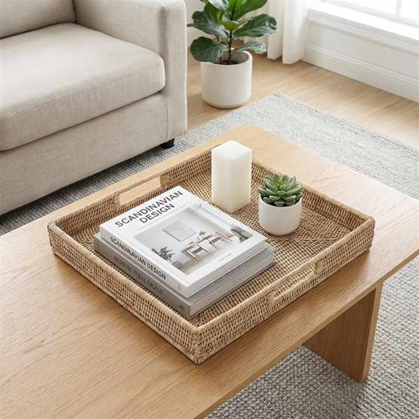 Charmille Firkantet Serveringsbakke i Rattan. Hvid