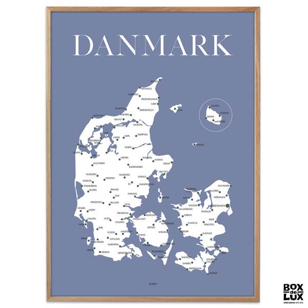 Plakat Danmarkskort - blå. Danmarkskort online her.
