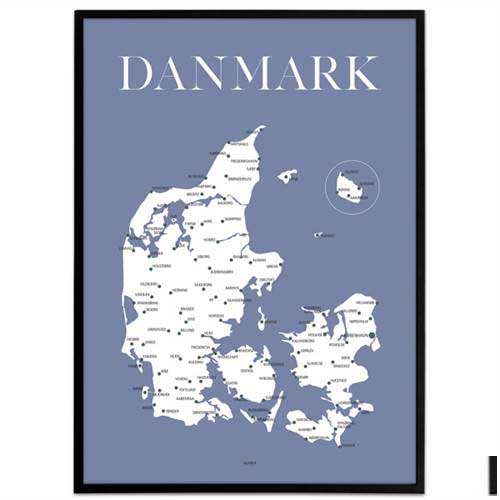 Plakat - Danmarkskort - blå