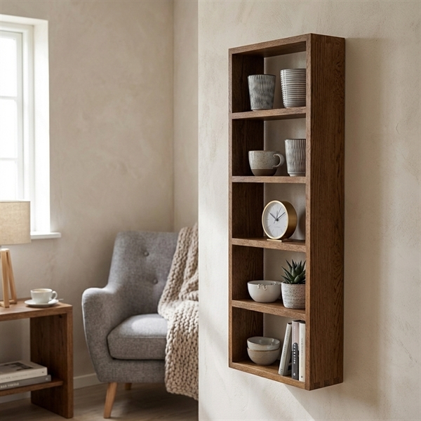 Reol til væg i egetræ med 5 hylder - mørk