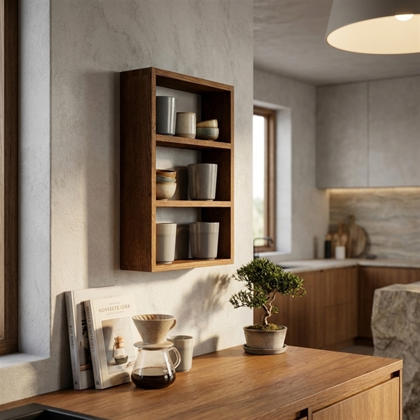 Noon hylde i mørk bejdset egetræ