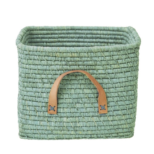 RICE Raffia kurv med læderhanke - Mint