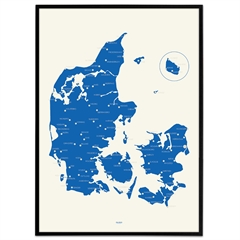 Plakat med danmarkskort i kongeblå 