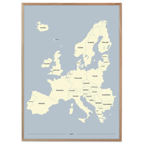 Plakat - Europakort i gul og lyseblå