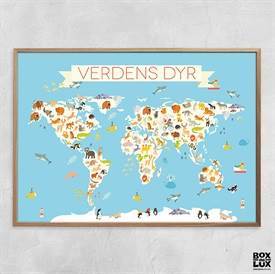 Plakat til børn - verdenskort med dyr