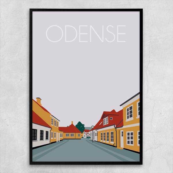 Plakat i neddæmpede farver fra Odenses gamle bydel