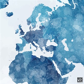 Plakat med verdenskort i blå farver