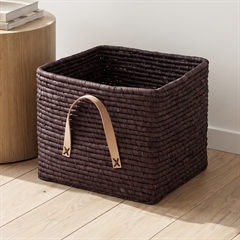 RICE Raffia kurv med læderhanke - Chokoladebrun