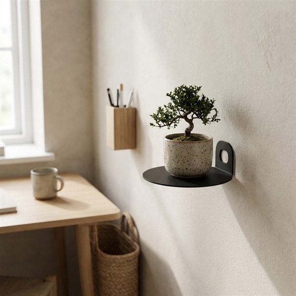 Elegant lille cirkel-hylde i pulverlakeret sort metal