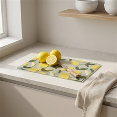 Skærebræt i hærdet glas i designet "Lemons" - 30x20 cm. med farverige gule citroner.