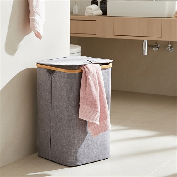 Vasketøjskurv i flot design - bambus og stof