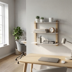 Hvid metalhylde med egetræ, 3 hylder, Yoshi, Dansk design