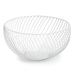 Hvid frugtkurv i metal fra Zeller med åbent tråddesign, måler 26,5 cm i diameter.