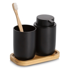 Tandbørstekrus og Sæbedispenser på Bambusbakke , Sort
