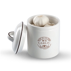 Hvid hvidløgskrukke i keramik fra Zeller med låg og teksten Garlic på forsiden.