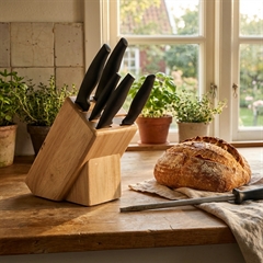 Knivblok til køkkenbordet lavet i gummitræ.